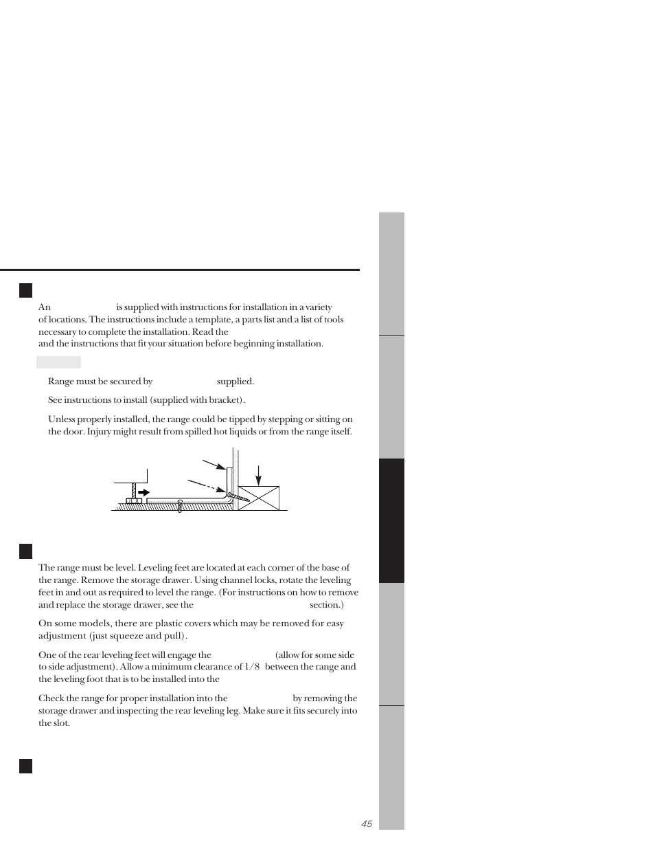 Anti-tip bracket, Leveling, Anti-tip bracket leveling | GE 164D3333P159 User Manual | Page 45 / 56