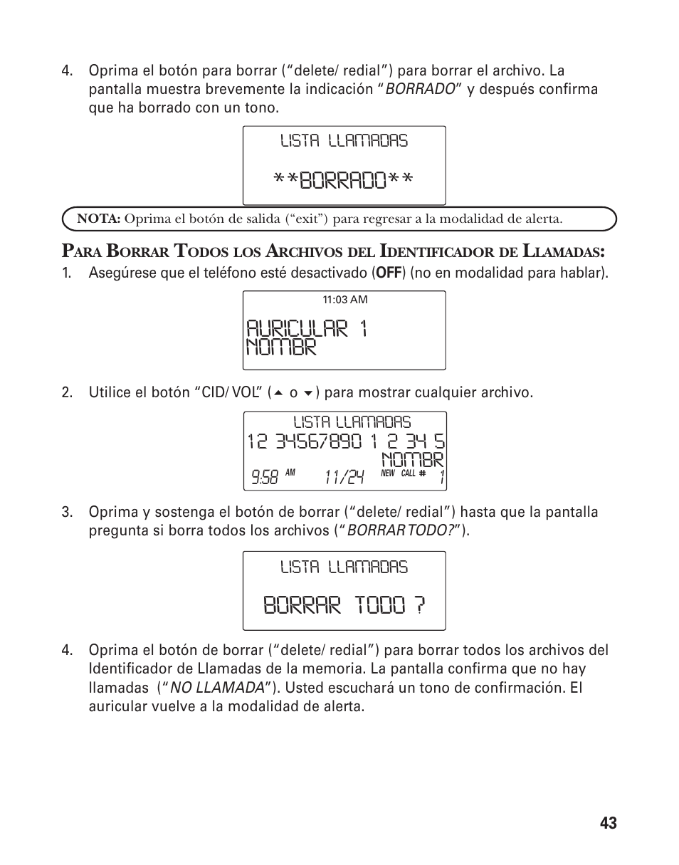 Borrar todo, Borrado, Auricular 1 nombr | GE 25826GC User Manual | Page 107 / 128