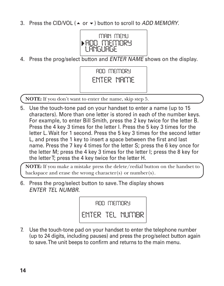 Enter tel numbr enter name | GE 25826GC User Manual | Page 14 / 128