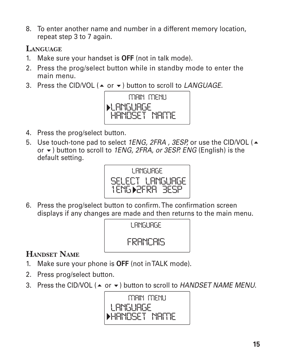 Language handset name, Select language 1eng 2fra 3esp, Language handset name francais | GE 25826GC User Manual | Page 15 / 128