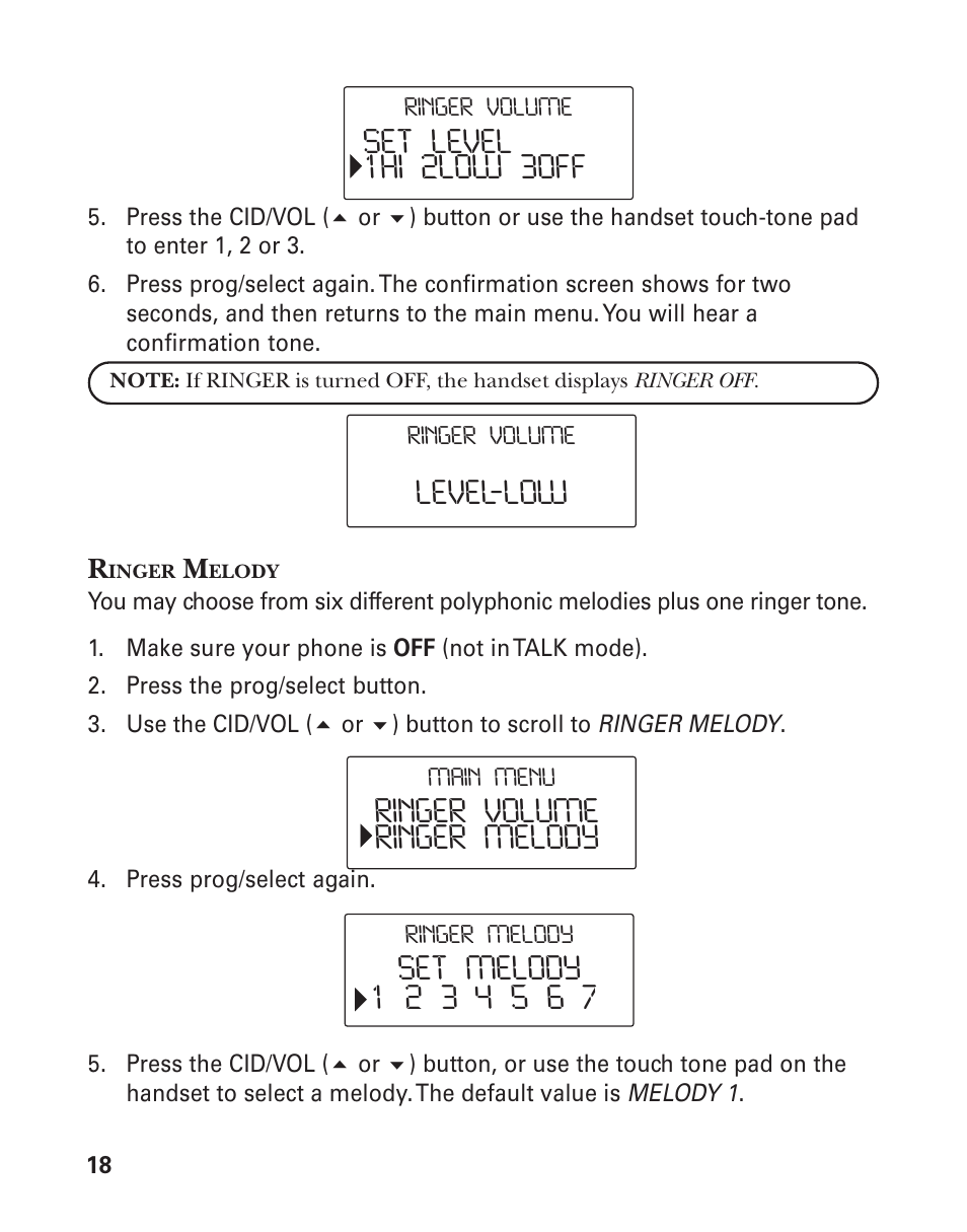 Set level 1hi 2low 3off level‐low, Ringer volume ringer melody set melody | GE 25826GC User Manual | Page 18 / 128