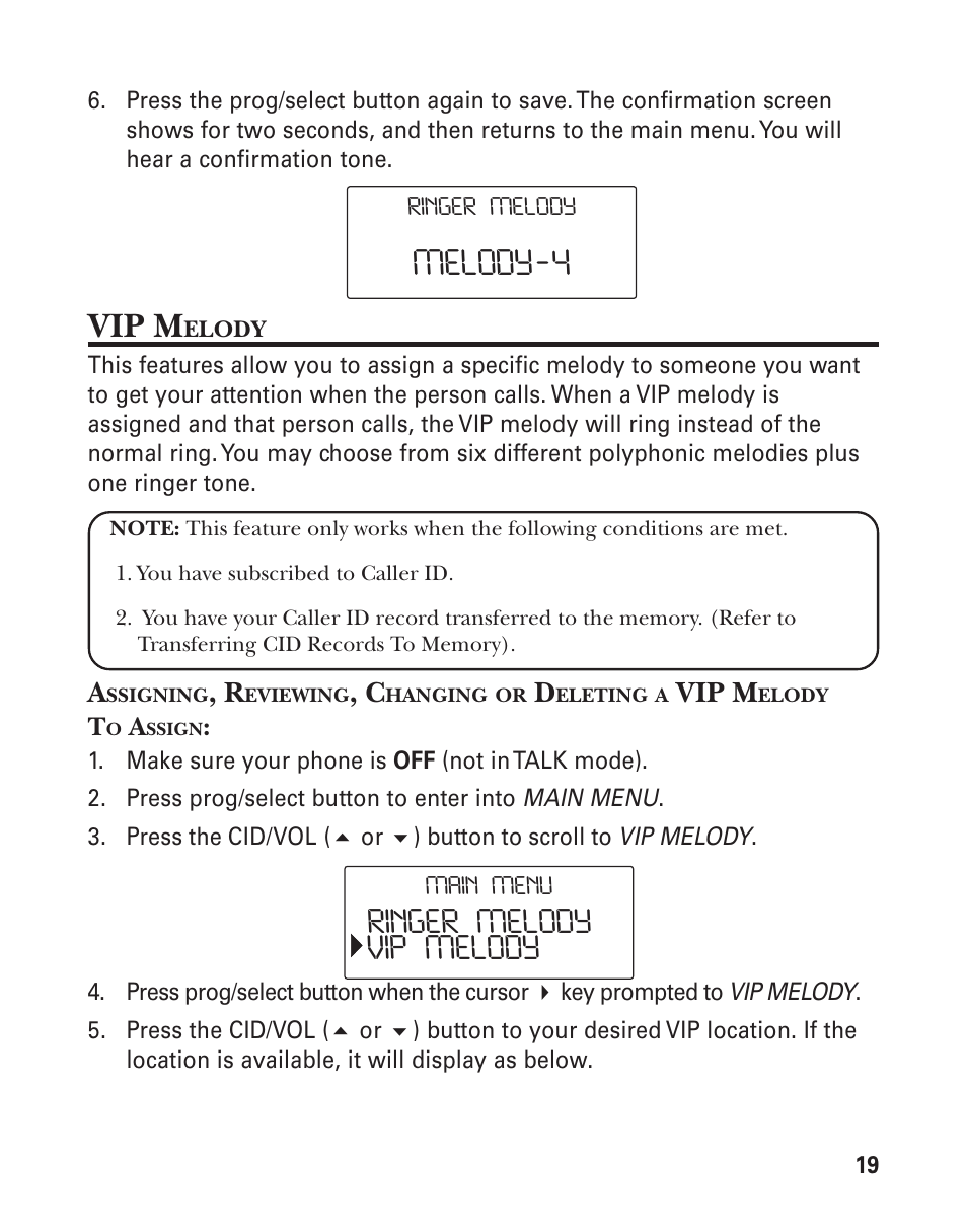 Vip m, Melody‐4, Ringer melody vip melody | GE 25826GC User Manual | Page 19 / 128