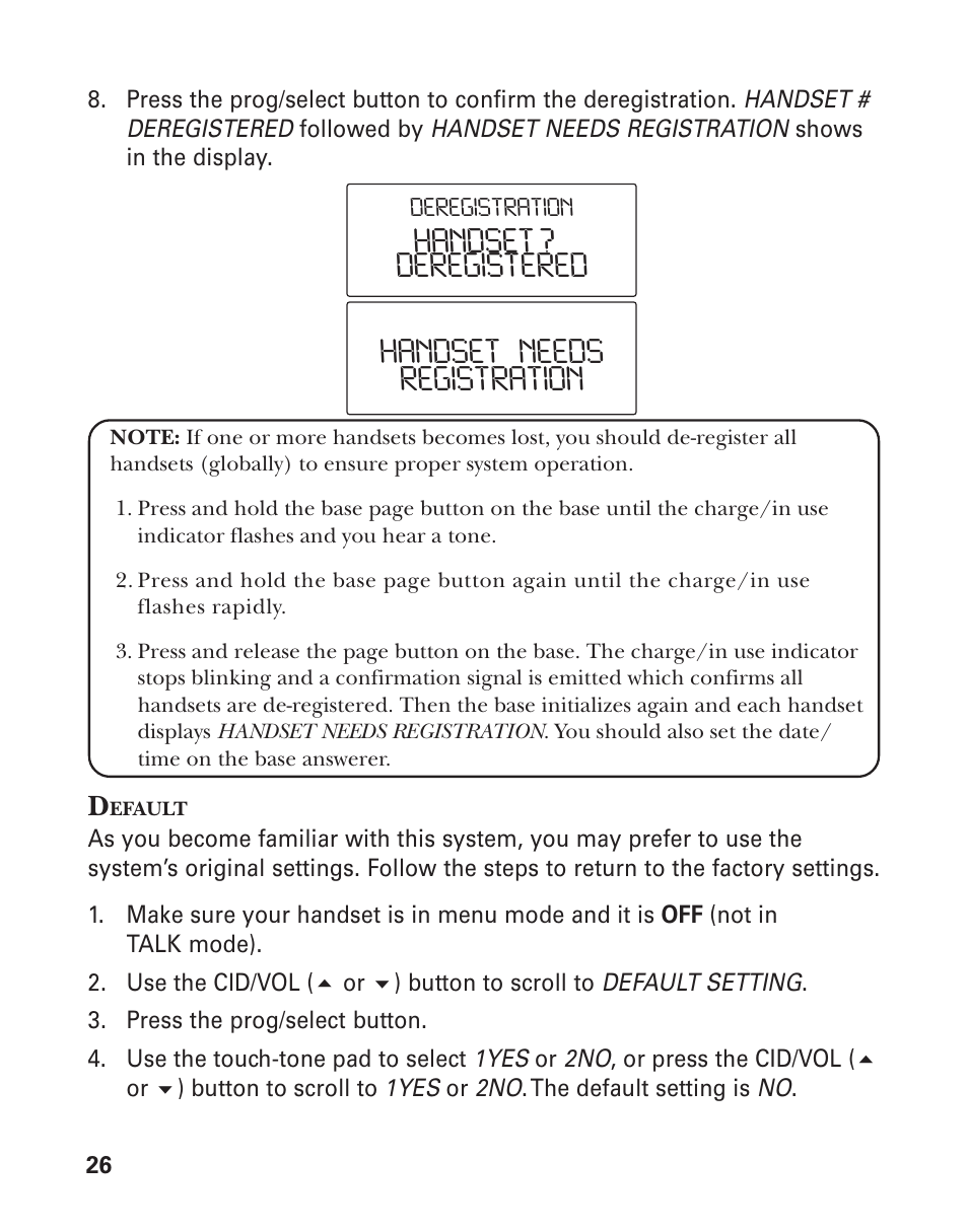 Handset ? deregistered, Handset needs registration | GE 25826GC User Manual | Page 26 / 128