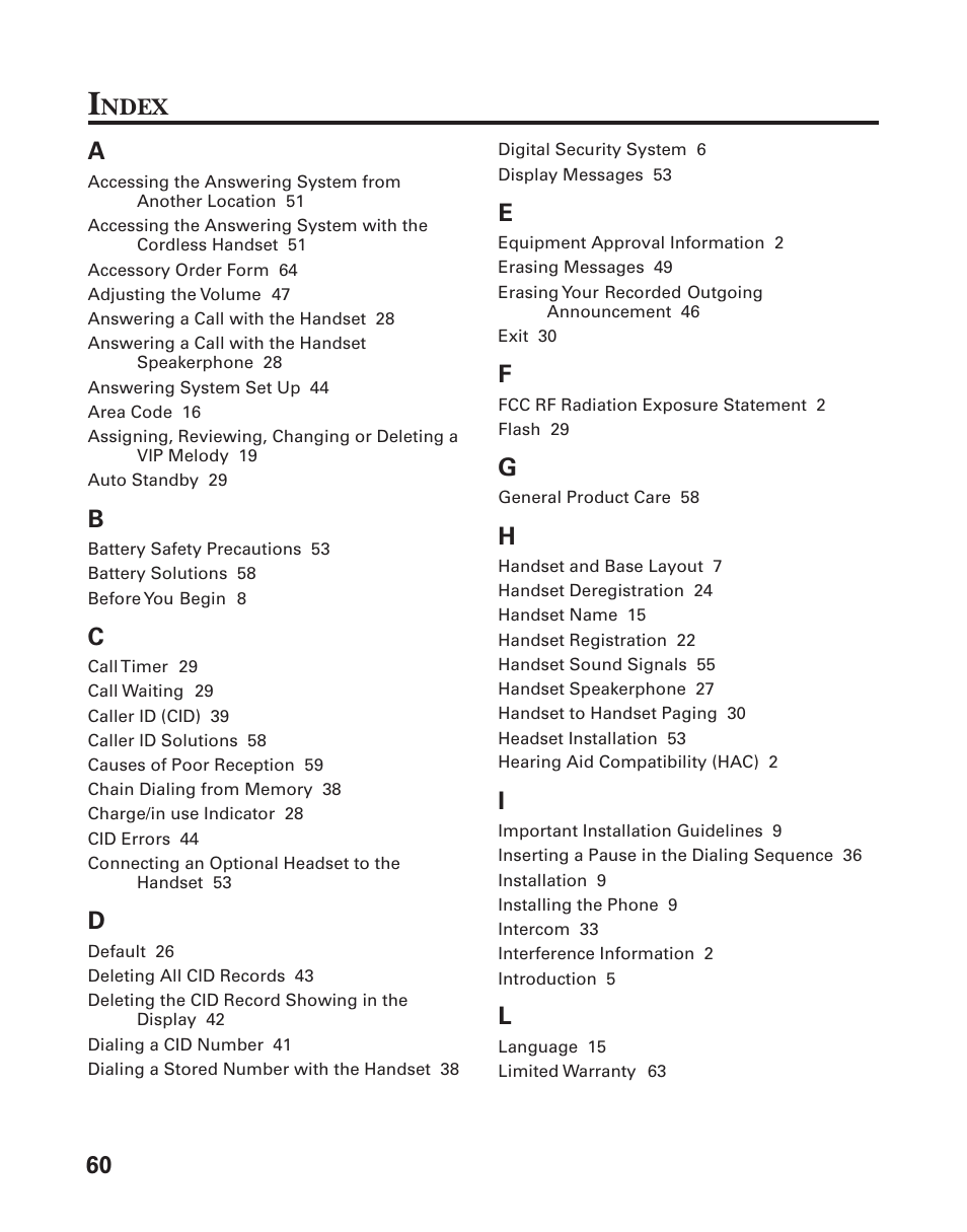 60 a, Ndex | GE 25826GC User Manual | Page 60 / 128