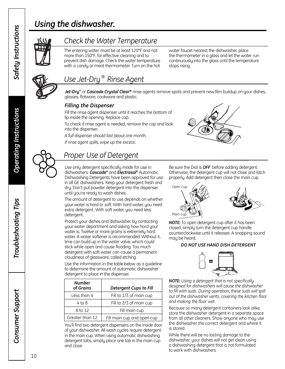Using the dishwasher, Check the water temperature, Use jet-dry | Rinse agent proper use of detergent | GE ADW1000 User Manual | Page 10 / 16