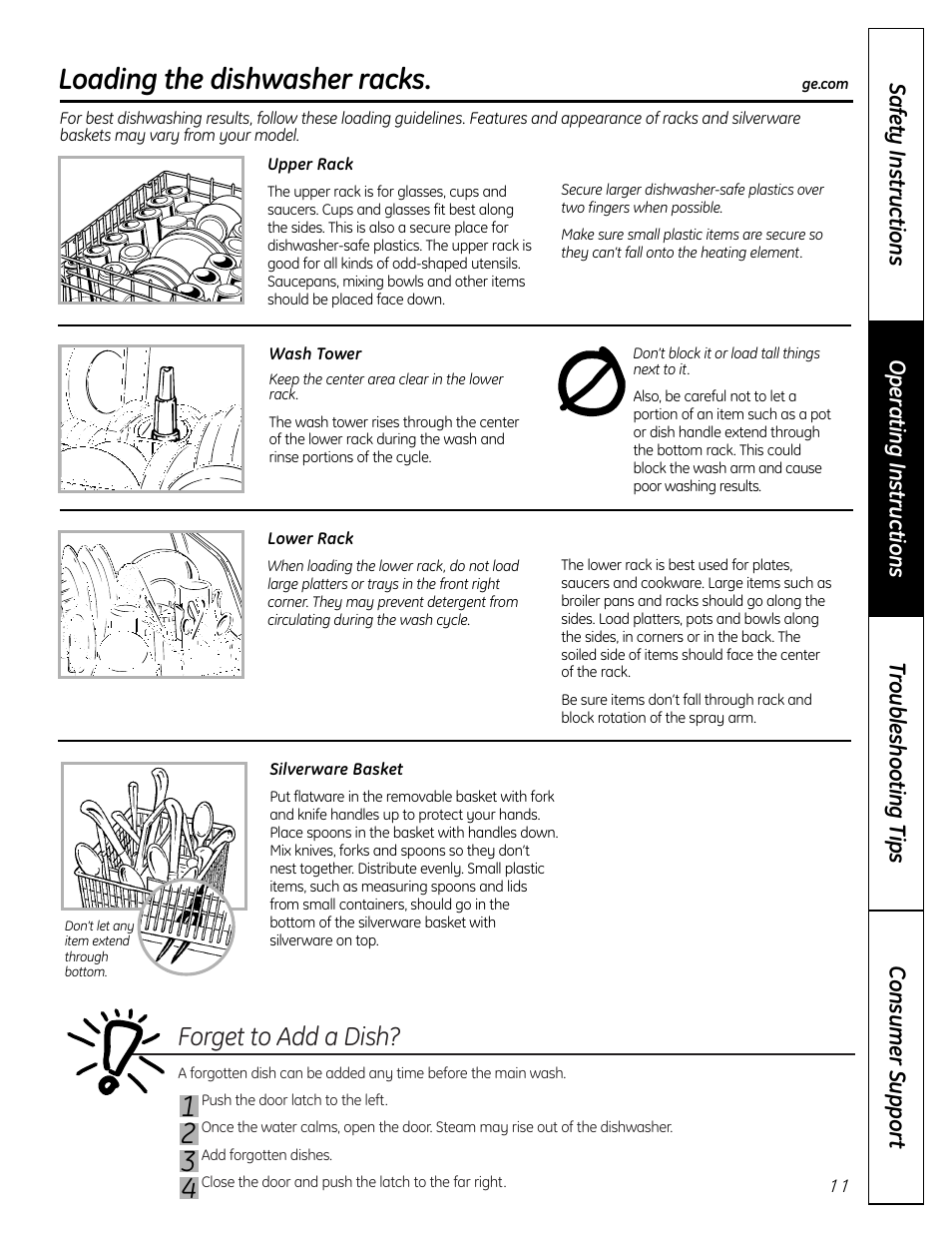 Loading the dishwasher racks, 43 2 1 loading the dishwasher racks, Forget to add a dish | GE ADW1000 User Manual | Page 11 / 16