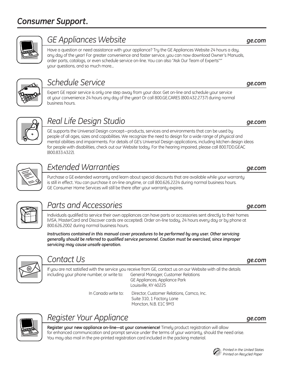 Consumer support, Consumer support . . . . . back cover, Consumer support. ge appliances website | Schedule service, Real life design studio, Extended warranties, Parts and accessories, Contact us, Register your appliance | GE ADW1000 User Manual | Page 16 / 16