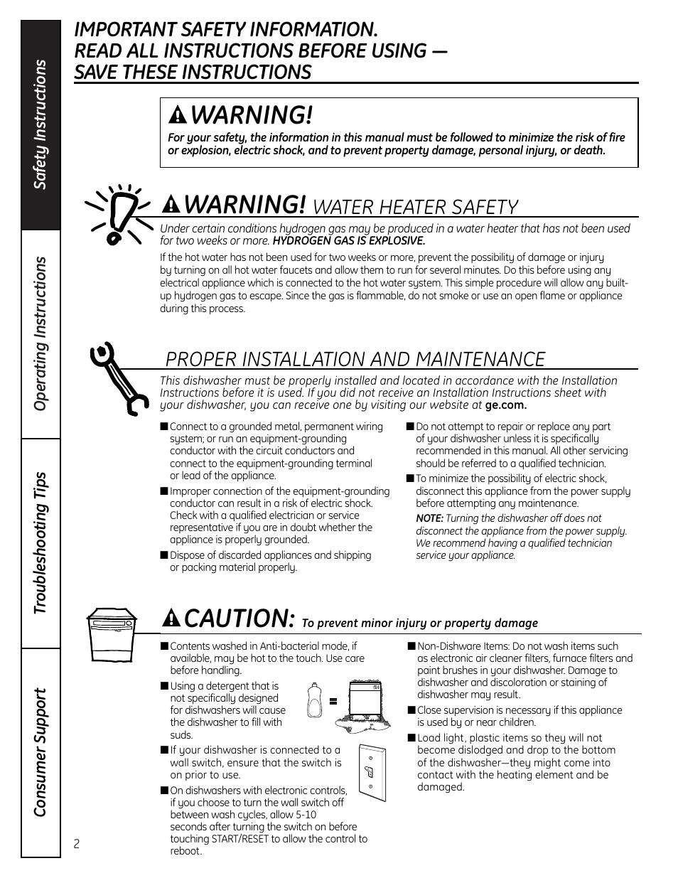 Safety instructions, Warning, Warning! caution | GE ADW1000 User Manual | Page 2 / 16