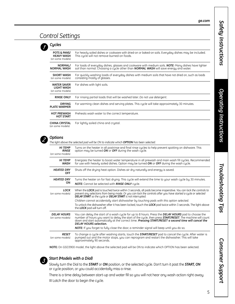 Control settings | GE ADW1000 User Manual | Page 5 / 16