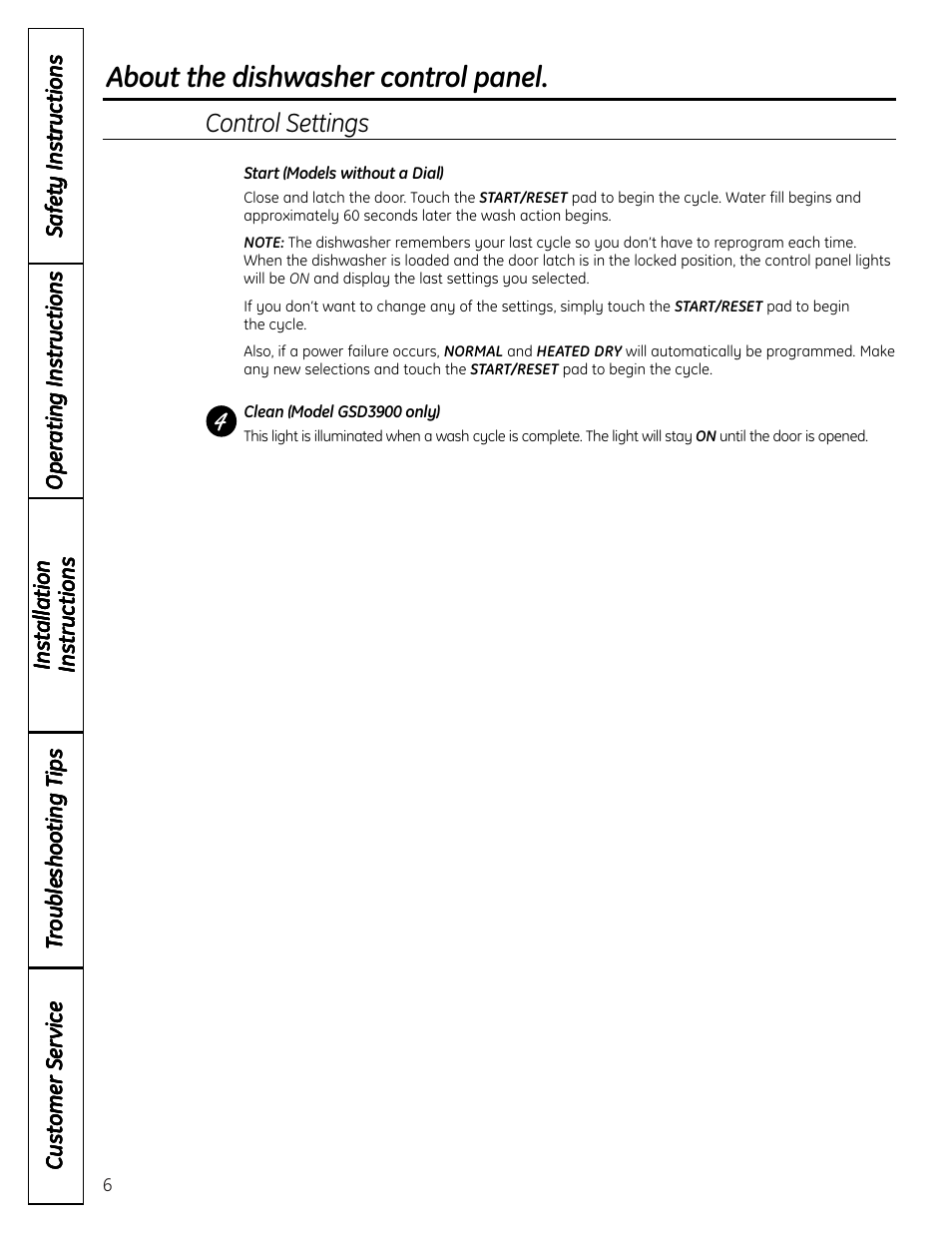 About the dishwasher control panel, Control settings | GE ADW1000 User Manual | Page 6 / 16