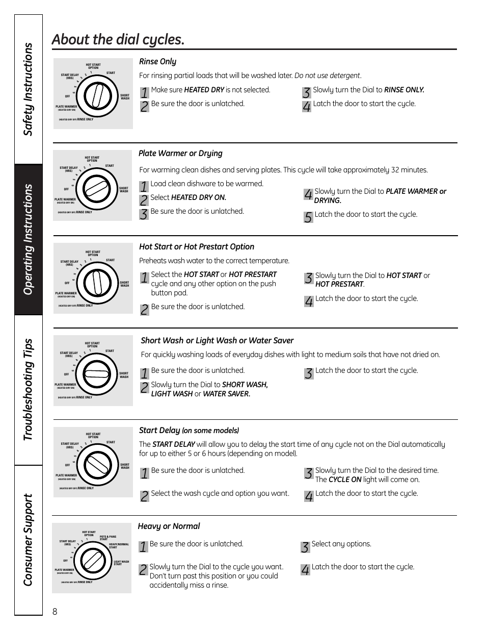 Dial cycles, About the dial cycles, Rinse only | Plate warmer or drying, Start delay, Hot start or hot prestart option, Short wash or light wash or water saver, Heavy or normal | GE ADW1000 User Manual | Page 8 / 16