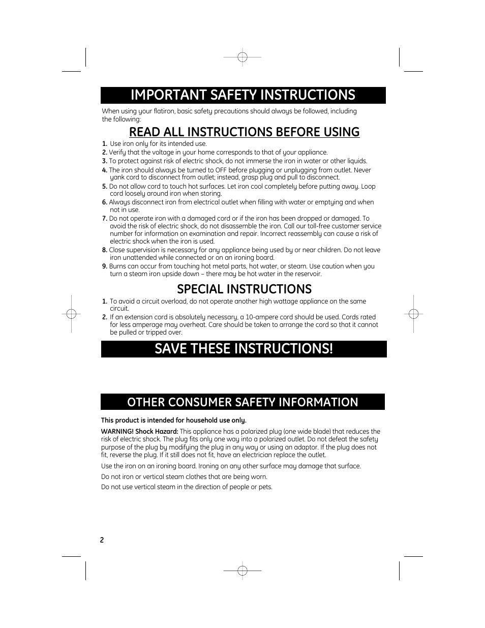 Read all instructions before using, Special instructions, Other consumer safety information | GE 840173100 User Manual | Page 2 / 8