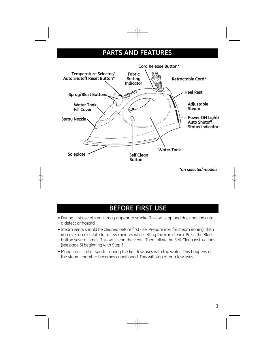 Before first use parts and features | GE 840173100 User Manual | Page 3 / 8