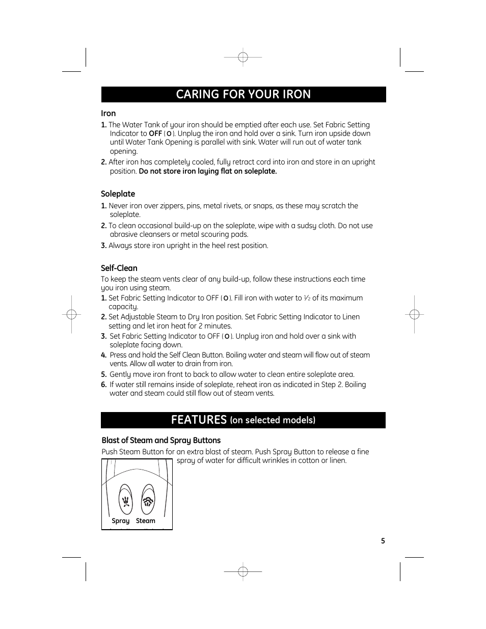 Caring for your iron, Features | GE 840173100 User Manual | Page 5 / 8