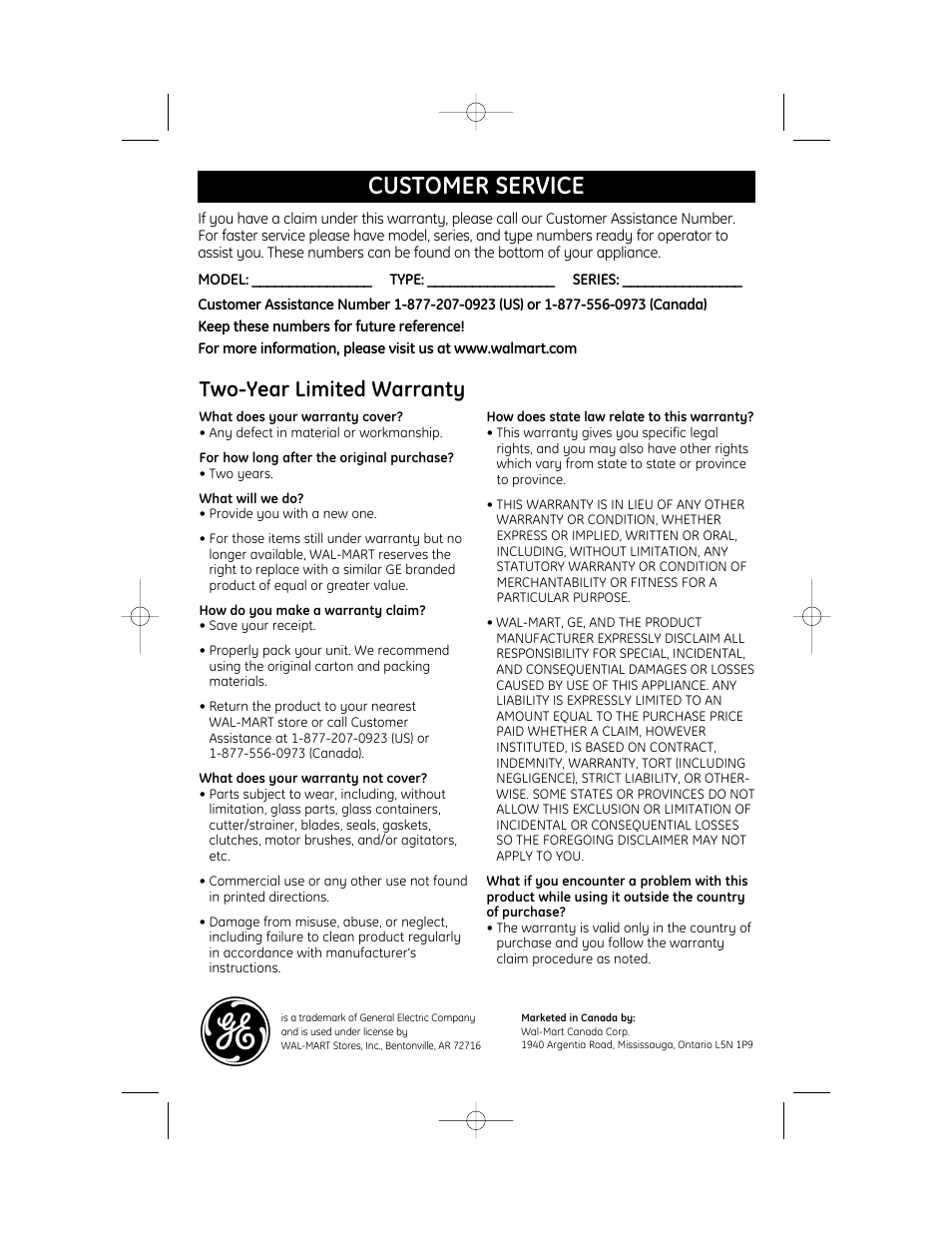 Customer service, Two-year limited warranty | GE 840173100 User Manual | Page 8 / 8
