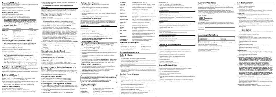 Changing the battery, Handset sound signals, Troubleshooting guide | Causes of poor reception, General product care, Warranty assistance, Limited warranty, Accessory information, Display messages, Dialing a stored number | GE 27831 Series User Manual | Page 2 / 2