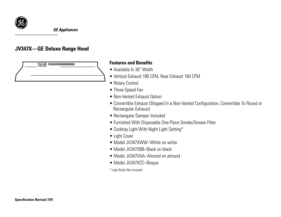 Jv347x—ge deluxe range hood | GE Deluxe JV347XBB User Manual | Page 2 / 2