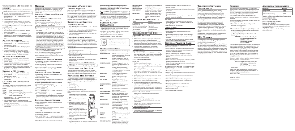 Replacing the battery, Display messages, Handset sound signals | Troubleshooting tips, General product care, Causes of poor reception, Accessory information, Telephone network information, Ren number, Service | GE 27420 User Manual | Page 2 / 2