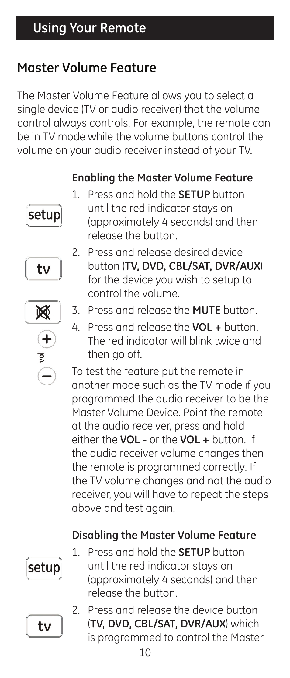 Using your remote master volume feature | GE 24965 User Manual | Page 10 / 42