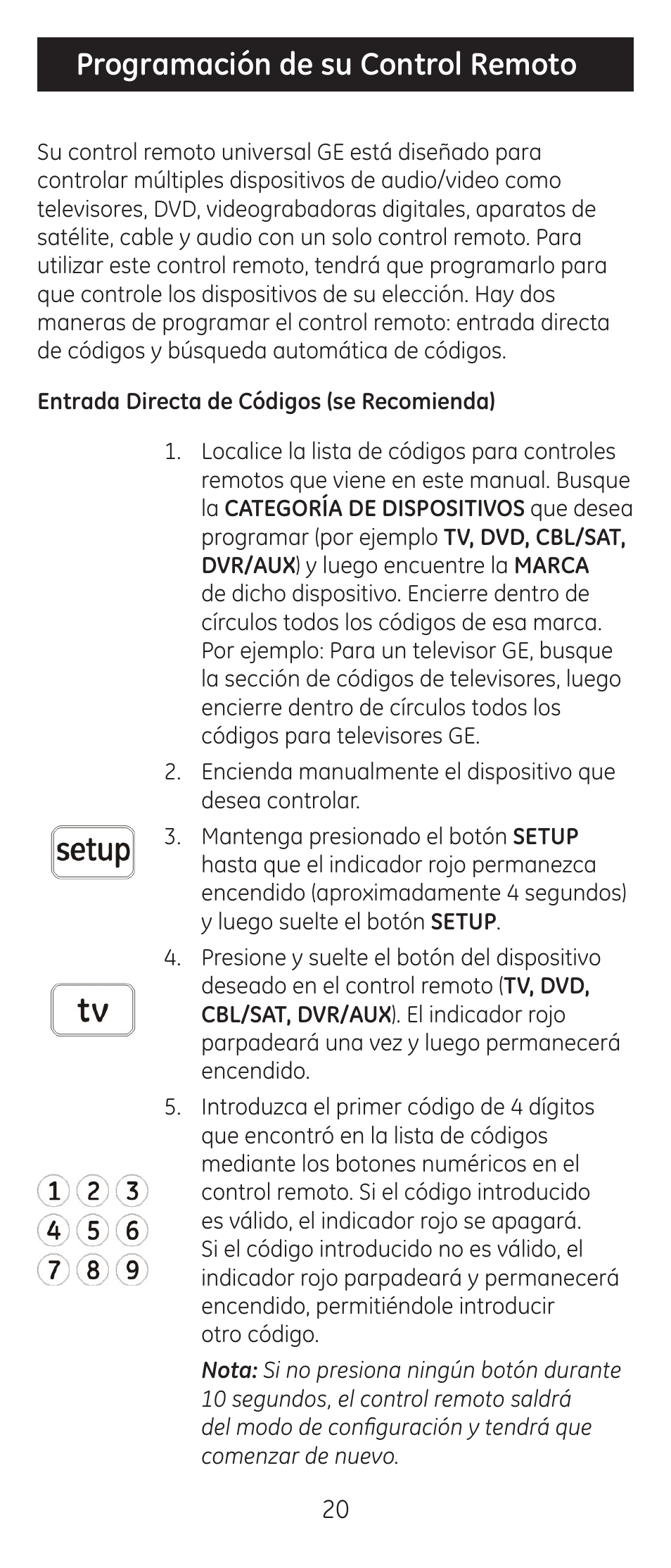Programación de su control remoto | GE 24965 User Manual | Page 20 / 42