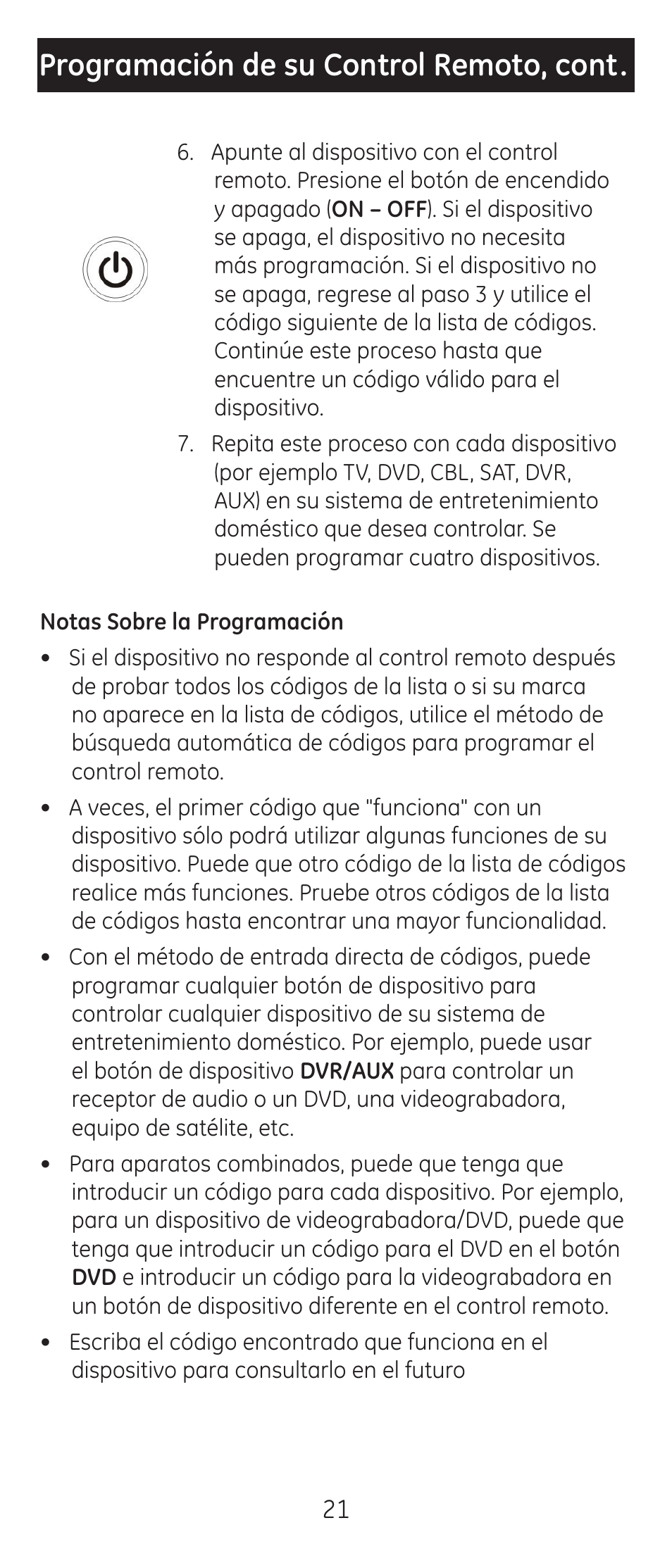 Programación de su control remoto, cont | GE 24965 User Manual | Page 21 / 42