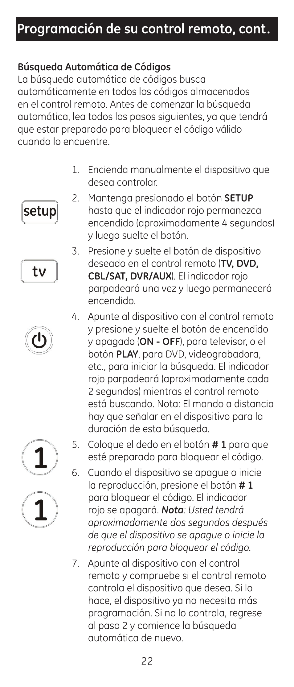 Programación de su control remoto, cont | GE 24965 User Manual | Page 22 / 42