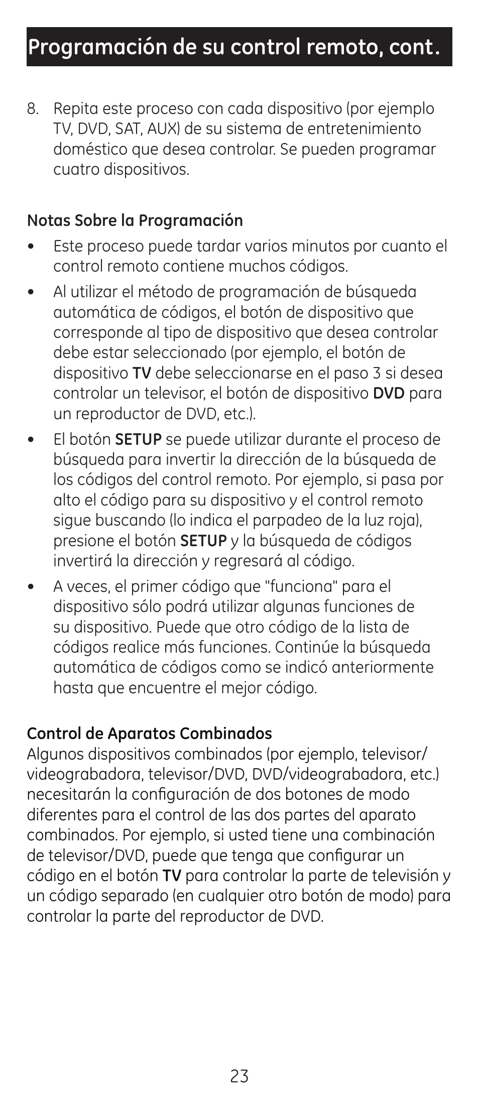 Programación de su control remoto, cont | GE 24965 User Manual | Page 23 / 42