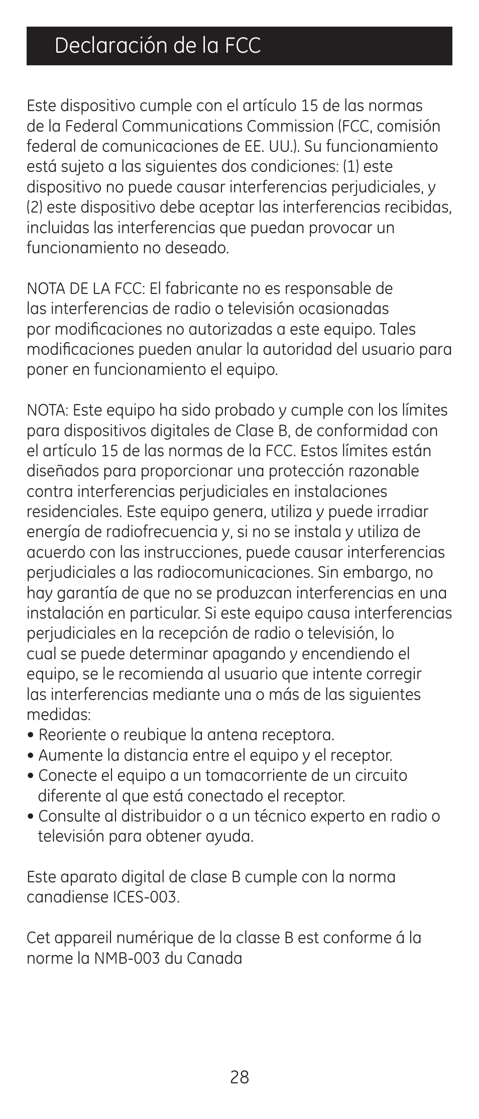 Declaración de la fcc | GE 24965 User Manual | Page 28 / 42