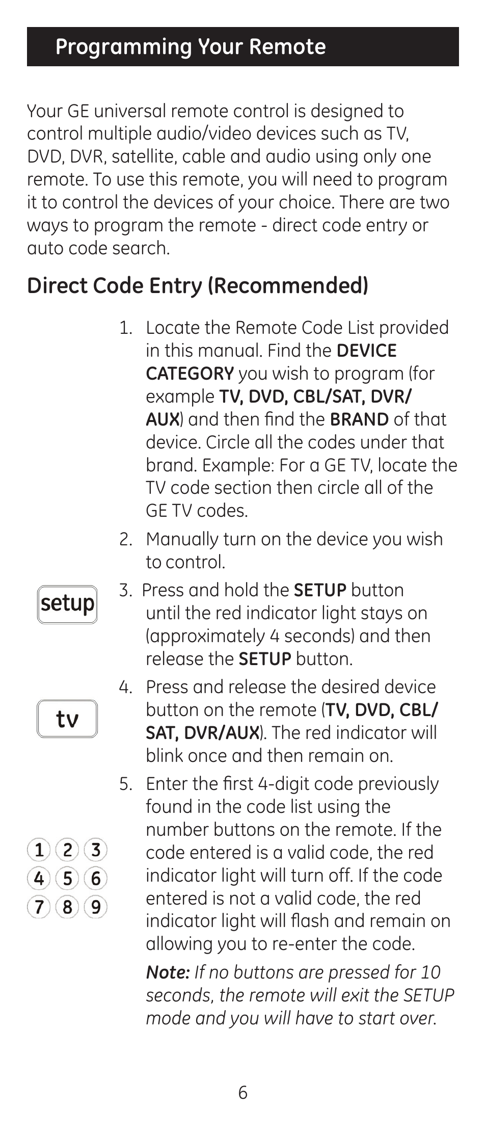 Programming your remote, Direct code entry (recommended) | GE 24965 User Manual | Page 6 / 42
