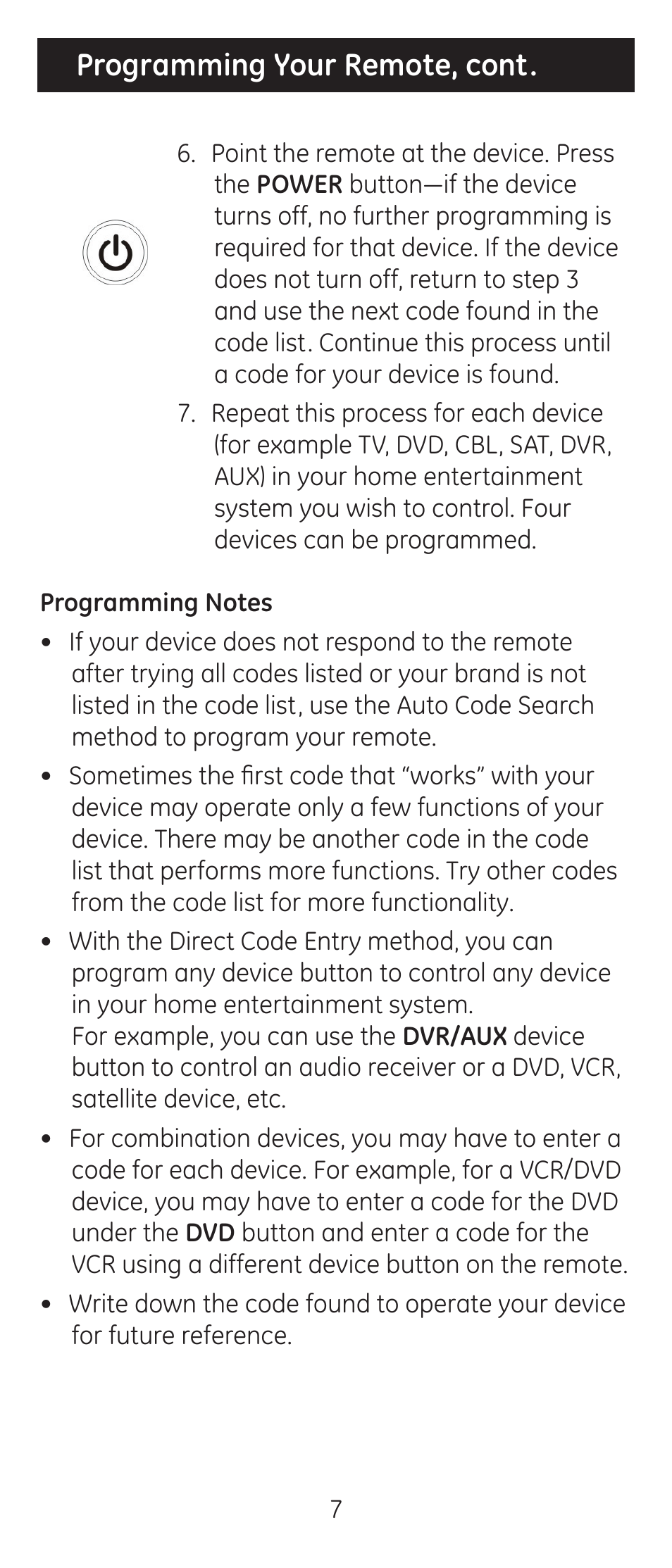 Programming your remote, cont | GE 24965 User Manual | Page 7 / 42