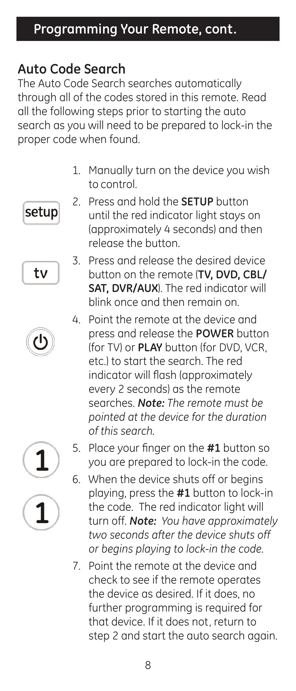 Programming your remote, cont. auto code search | GE 24965 User Manual | Page 8 / 42