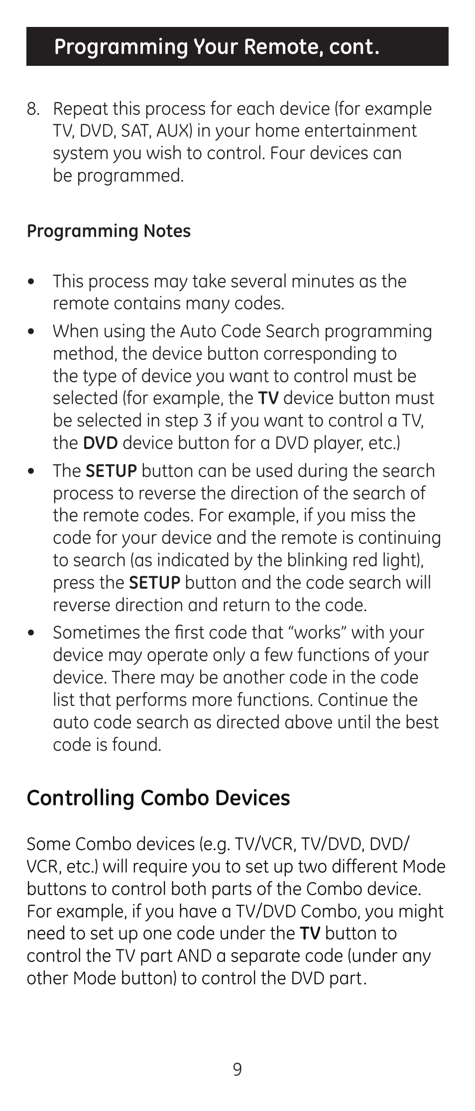 Programming your remote, cont, Controlling combo devices | GE 24965 User Manual | Page 9 / 42