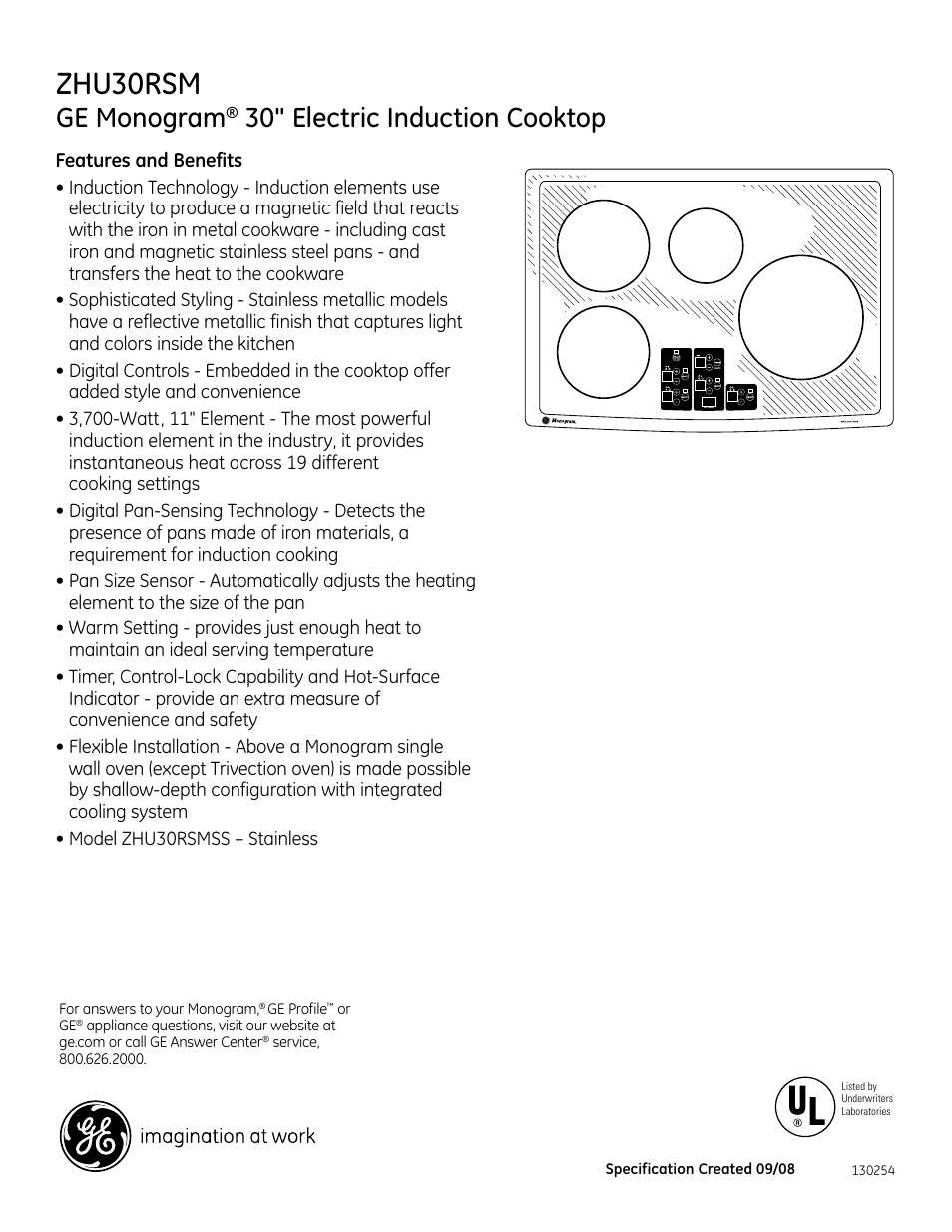 Zhu30rsm, Ge monogram, 30" electric induction cooktop | GE Monogram ZHU30RSM User Manual | Page 2 / 2