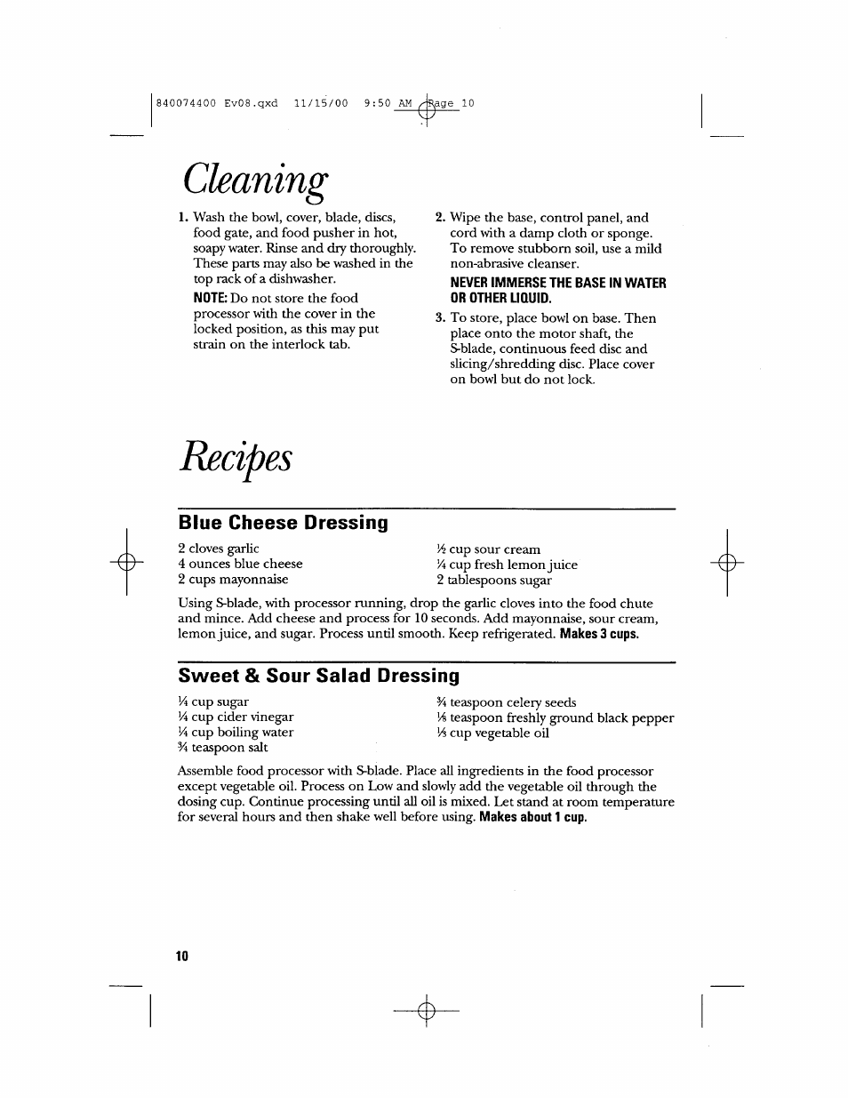 Cleaning, Recipes, Blue cheese dressing | Sweet & sour salad dressing | GE 106622 User Manual | Page 10 / 36