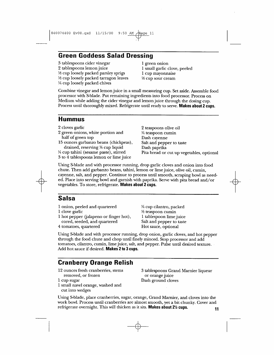 Green goddess salad dressing, Hummus, Salsa | Cranberry orange relish | GE 106622 User Manual | Page 11 / 36