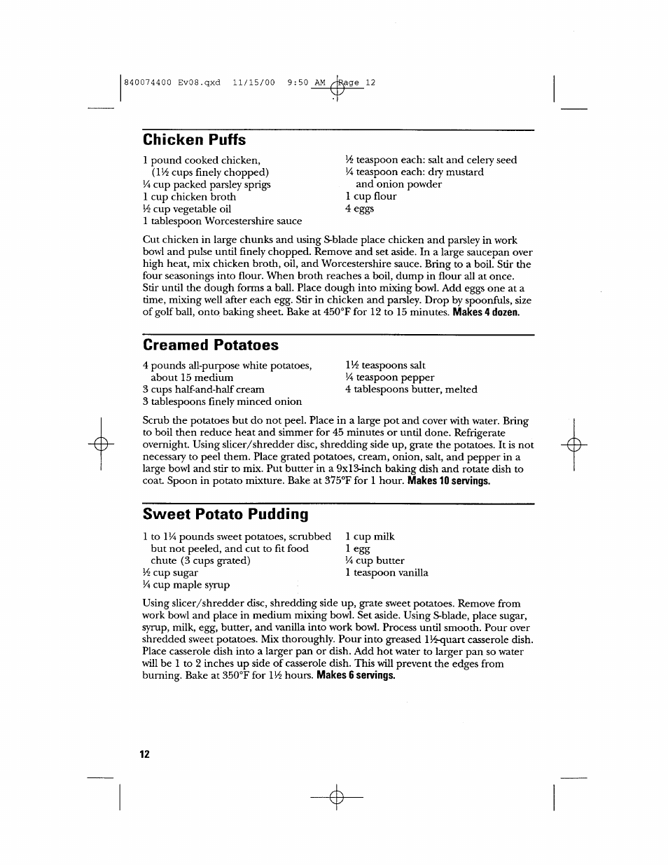 Chicken puffs, Creamed potatoes, Sweet potato pudding | GE 106622 User Manual | Page 12 / 36