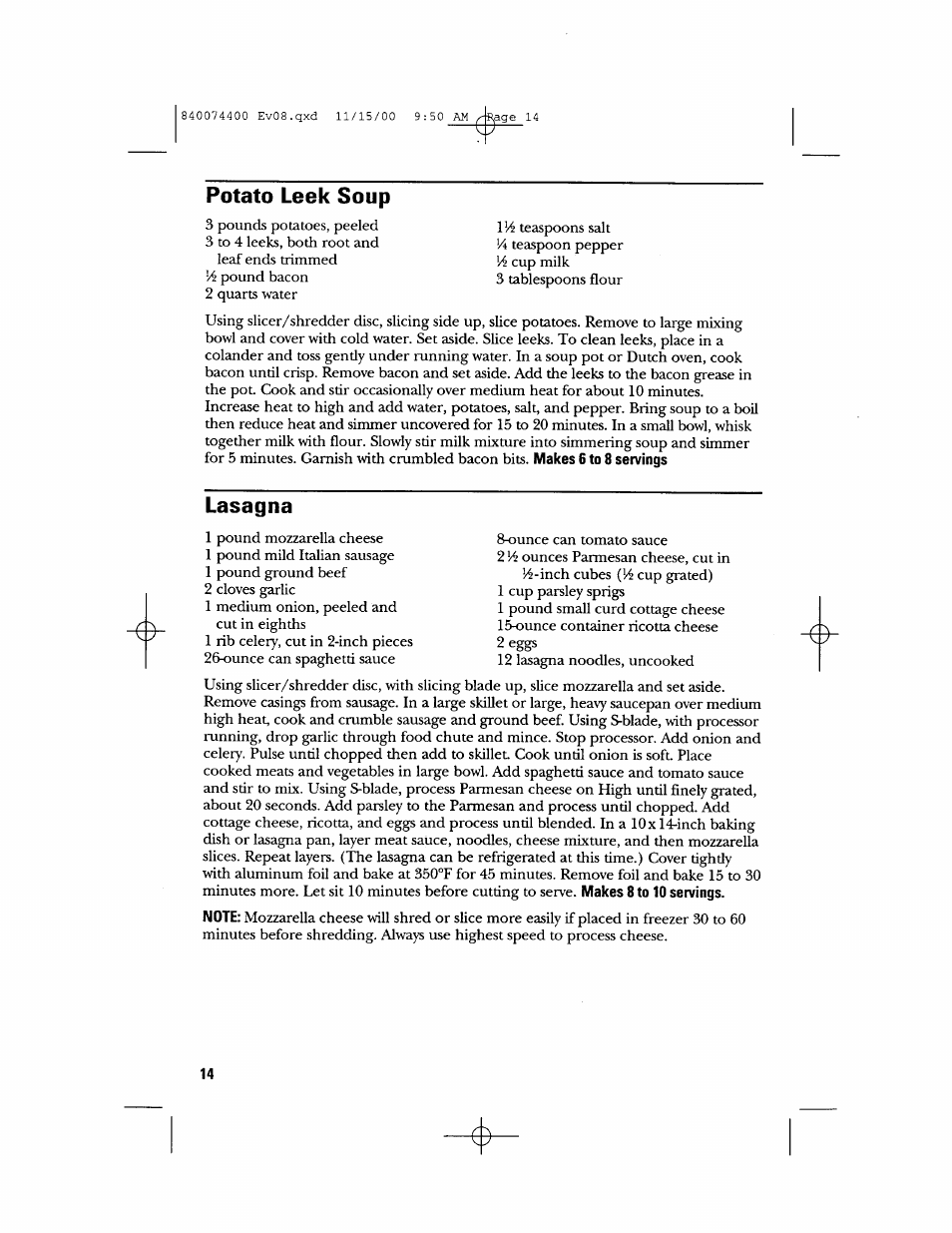 Potato leek soup, Lasagna | GE 106622 User Manual | Page 14 / 36