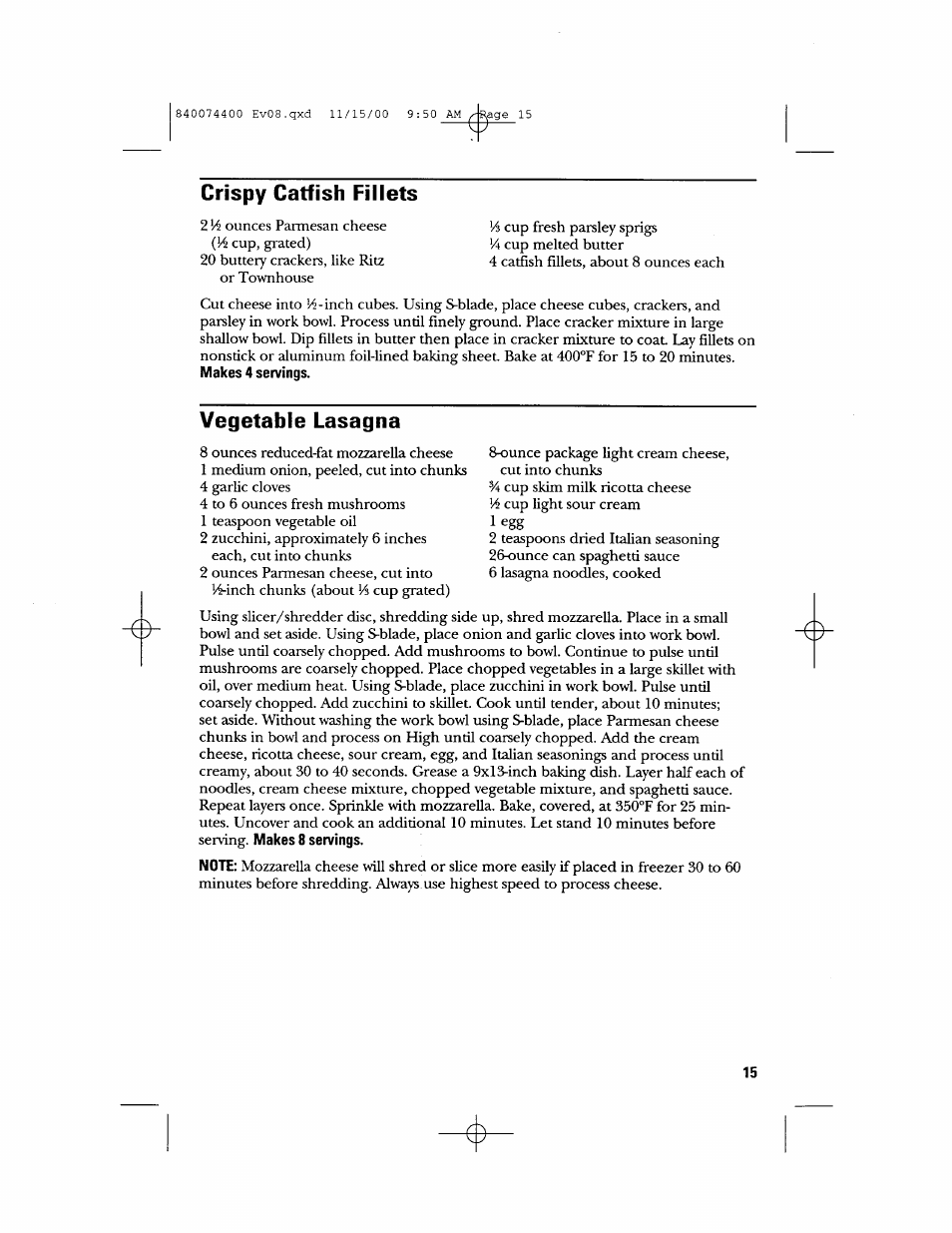 Crispy catfish fillets, Vegetable lasagna | GE 106622 User Manual | Page 15 / 36