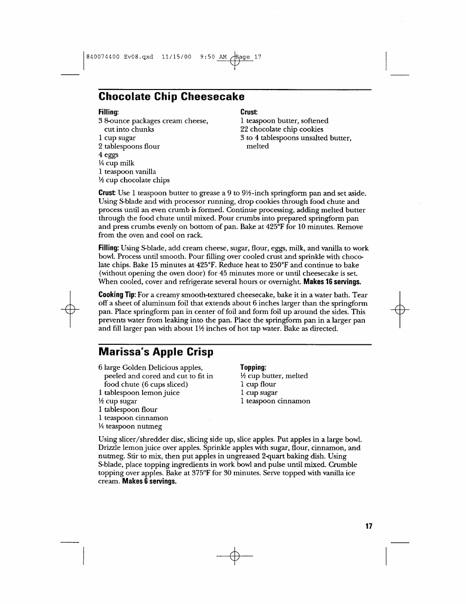 Chocolate chip cheesecake, Marissa's apple crisp | GE 106622 User Manual | Page 17 / 36