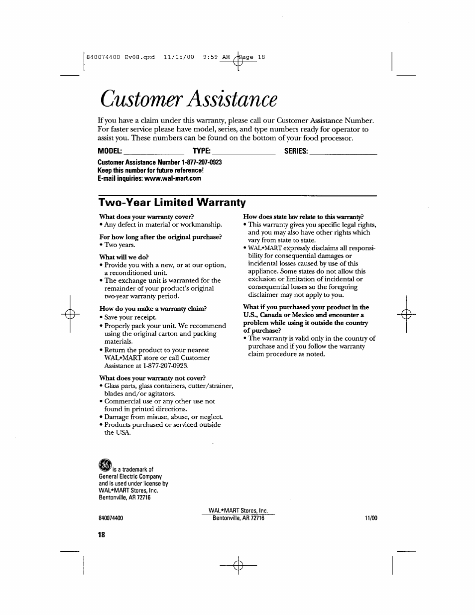 Customer assistance | GE 106622 User Manual | Page 18 / 36