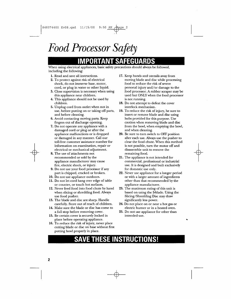 Food processor safety, Important safeguards, Save these instructions | GE 106622 User Manual | Page 2 / 36