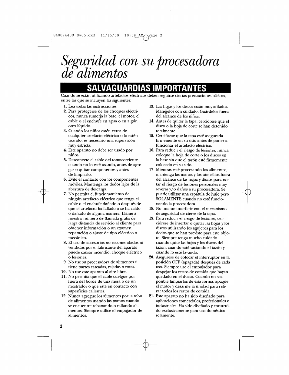 Seguridad con su procesadora de alimentos, Salvaguardias importantes | GE 106622 User Manual | Page 20 / 36