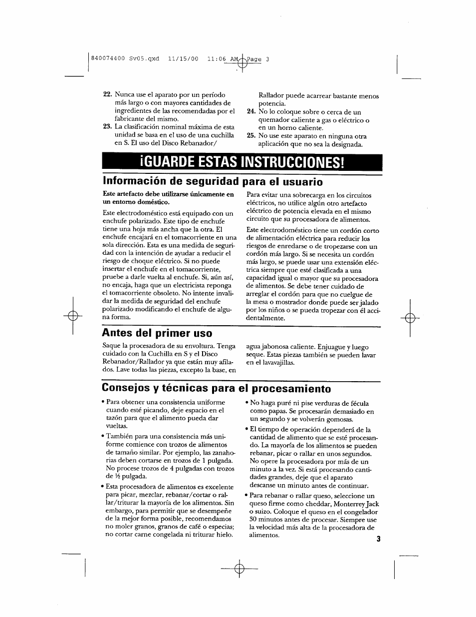 Información de seguridad para el usuario, Antes del primer uso, Guarde estas instrucciones | GE 106622 User Manual | Page 21 / 36