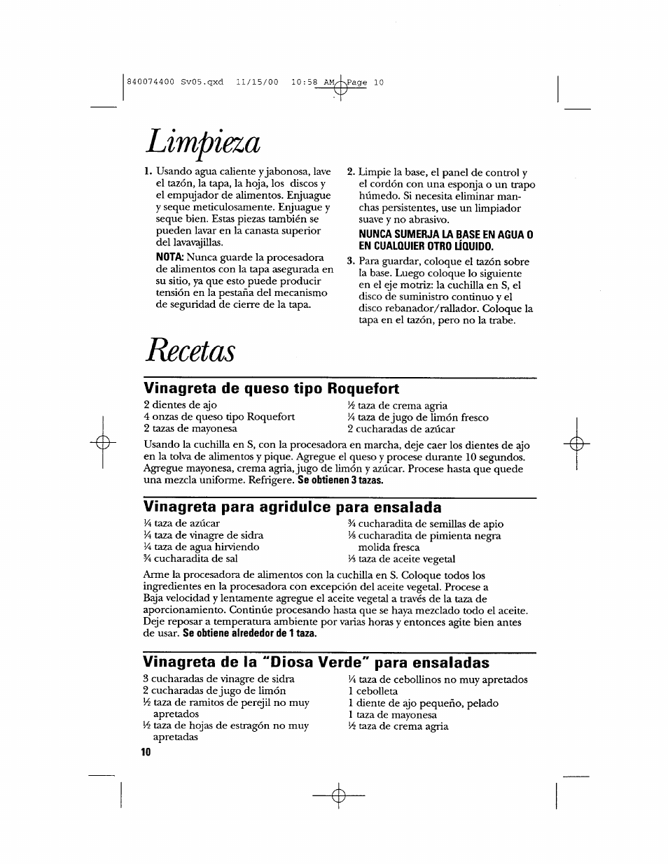 Limpieza, Recetas, Vinagreta de queso tipo roquefort | Vinagreta para agridulce para ensalada | GE 106622 User Manual | Page 28 / 36