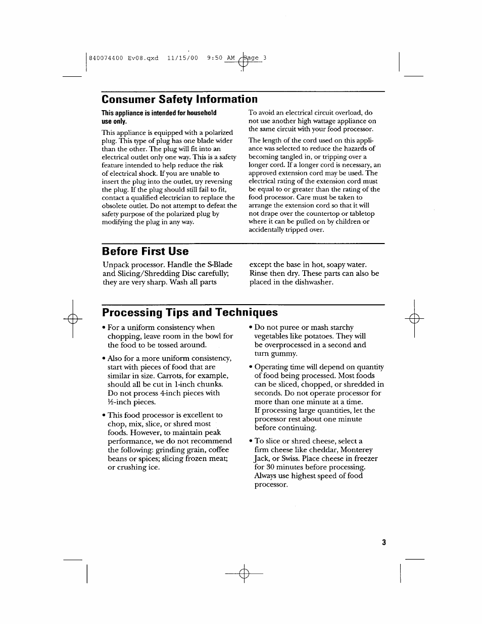 Consumer safety information, Before first use, Processing tips and techniques | GE 106622 User Manual | Page 3 / 36