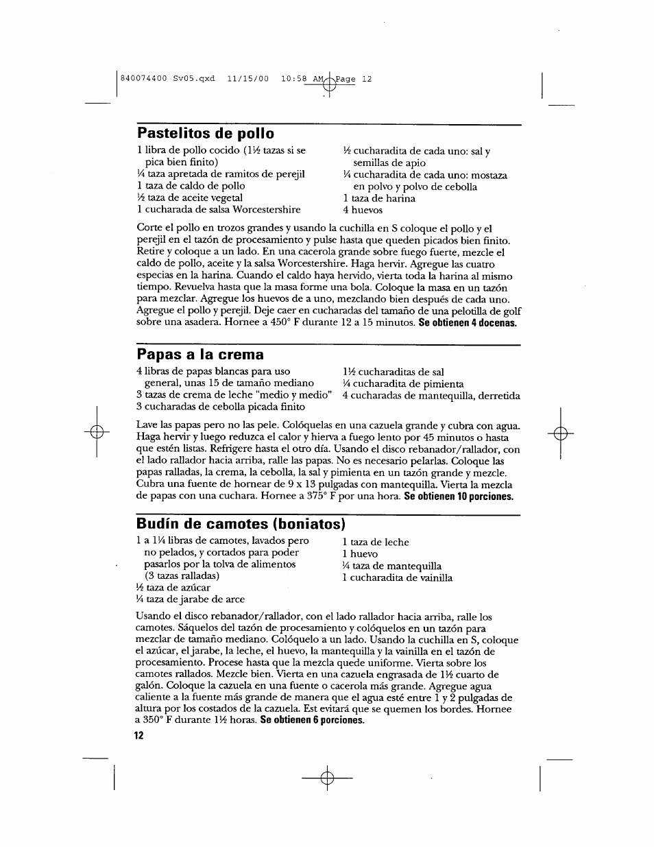 Pastelitos de polio, Papas a la crema, Budín de camotes (boniatos) | GE 106622 User Manual | Page 30 / 36