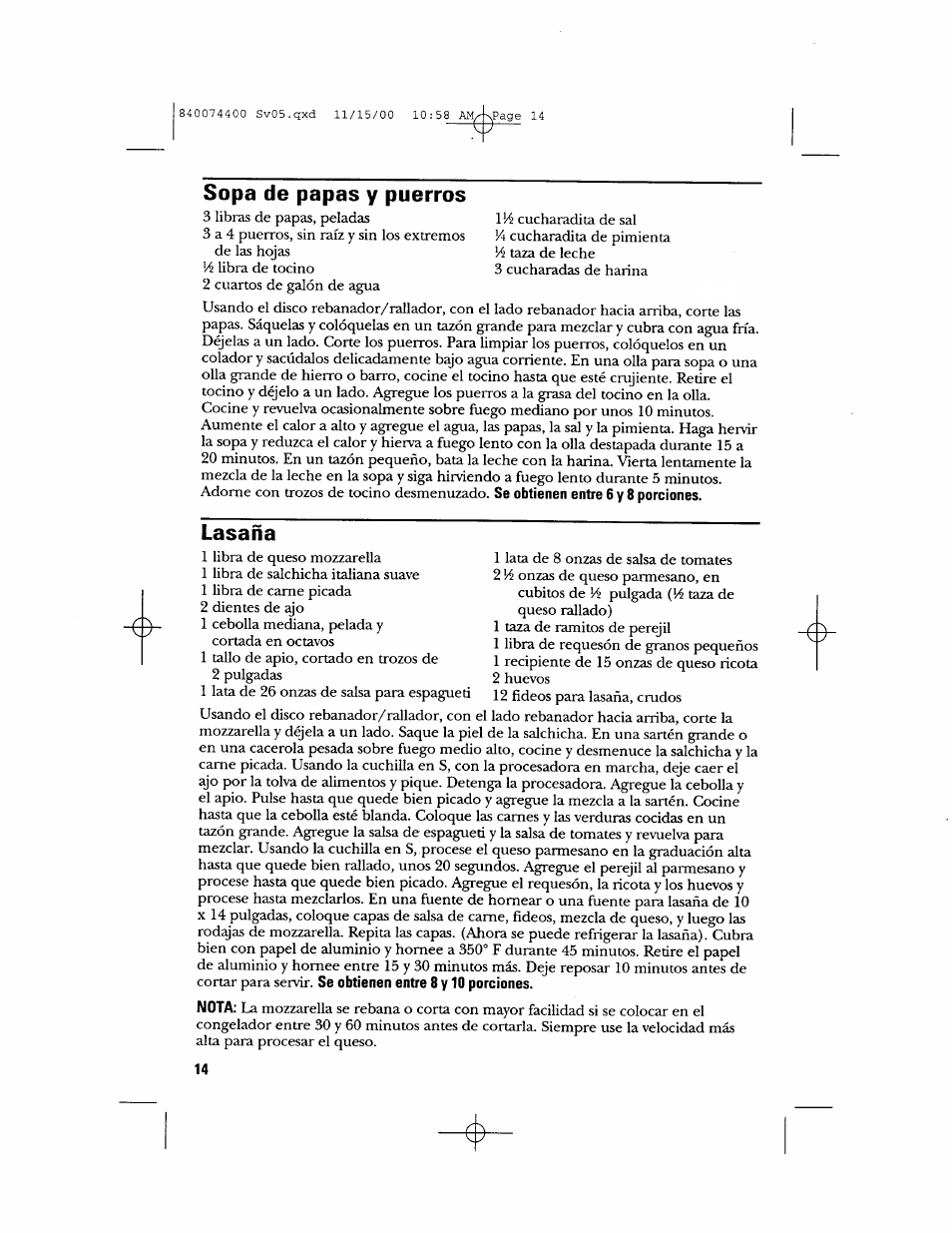 Sopa de papas y puerros, Lasaña | GE 106622 User Manual | Page 32 / 36