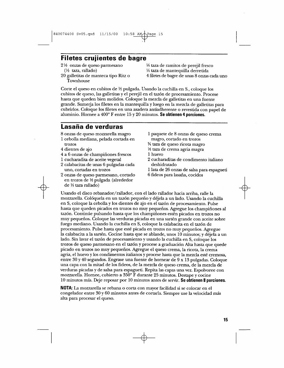 Filetes crujientes de bagre, Lasaña de verduras | GE 106622 User Manual | Page 33 / 36