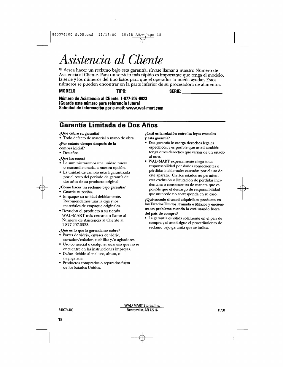 Asistencia al cliente, Garantía limitada de dos años | GE 106622 User Manual | Page 36 / 36