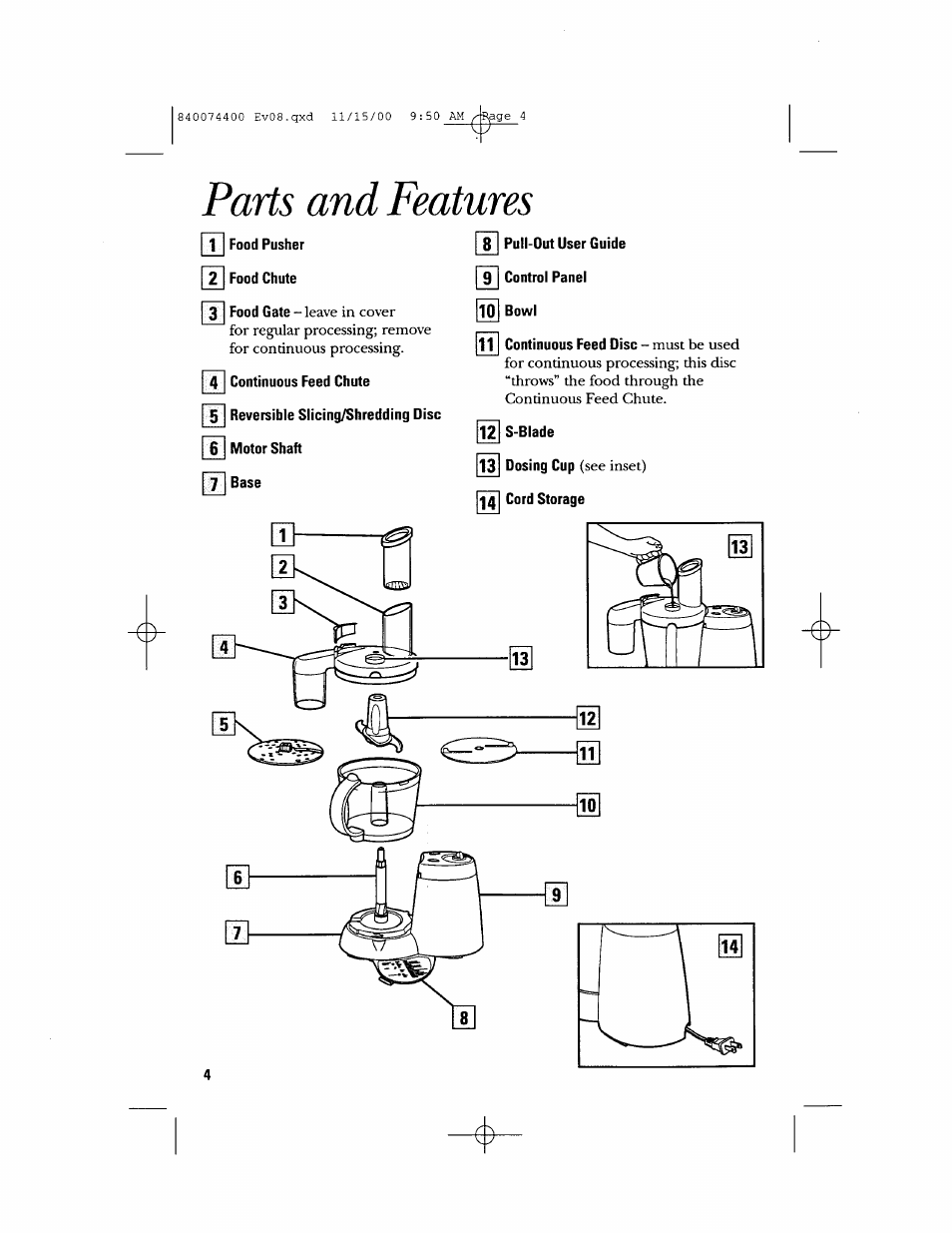 Parts and features, Leave in cover n, Must be used | Continuous feed chute. p6, See inset) | GE 106622 User Manual | Page 4 / 36